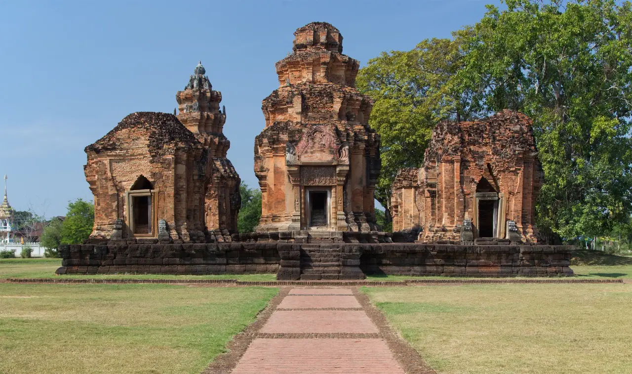 The central brick tower and neighbouring sanctuaries at Prasat Sikhoraphum in Surin
