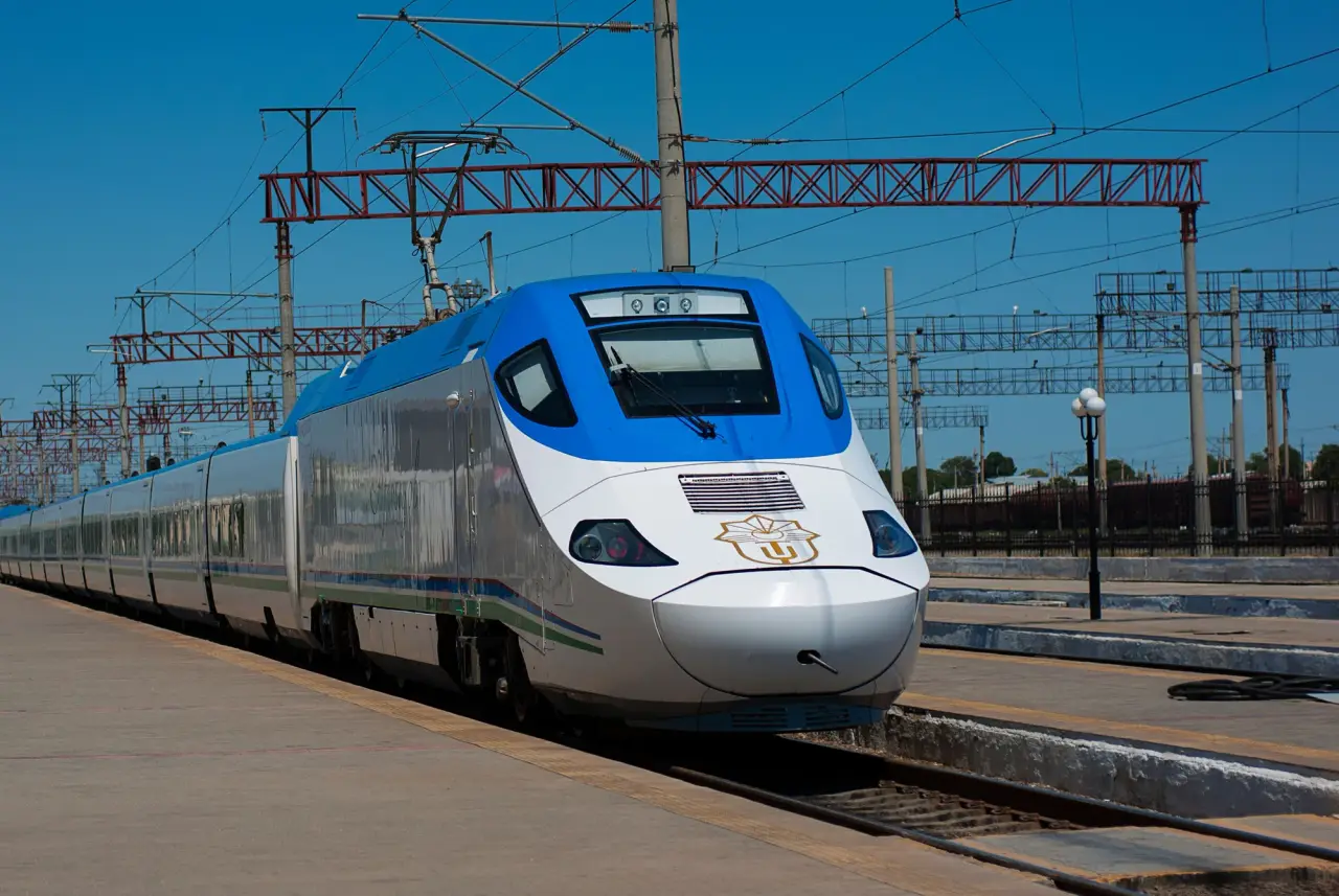 A modern blue-and-white passenger train stands at a sunny railway platform beneath overhead wires.
