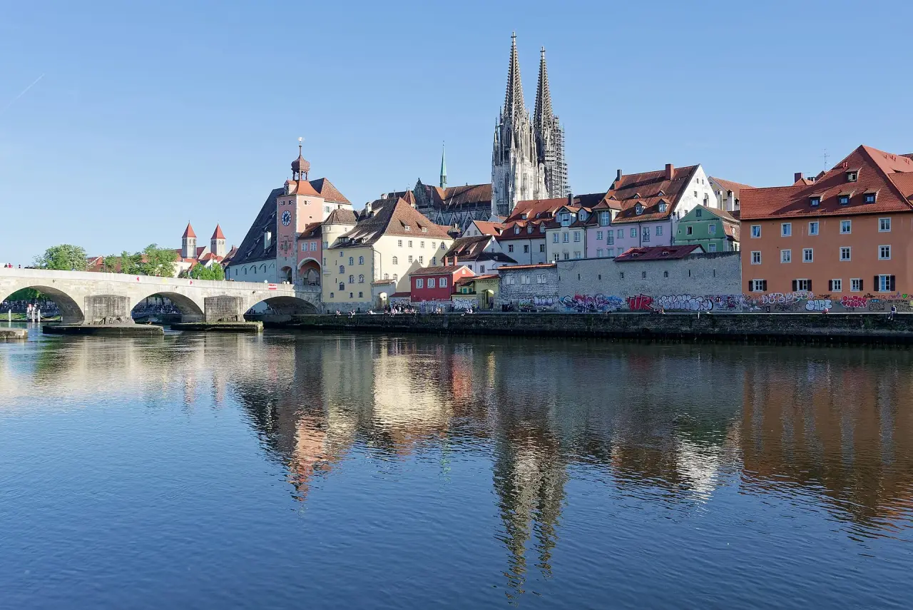 Regensburg’s cathedral spires above the old town and Stone Bridge beside the Danube