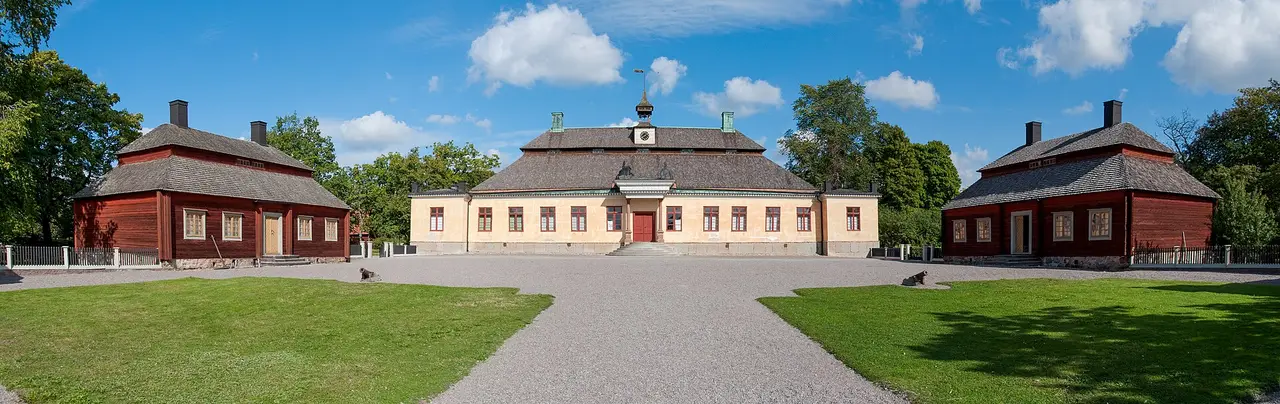 The complete main house of Skogaholm Manor and its green forecourt at Skansen in Stockholm