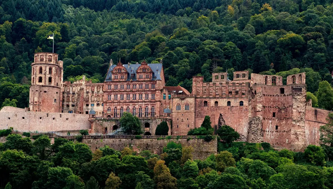 The red stone palace buildings of Heidelberg Castle above a wooded hillside