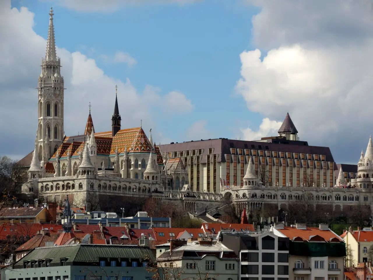 Matthias Church and Fisherman’s Bastion above Budapest in bright daylight