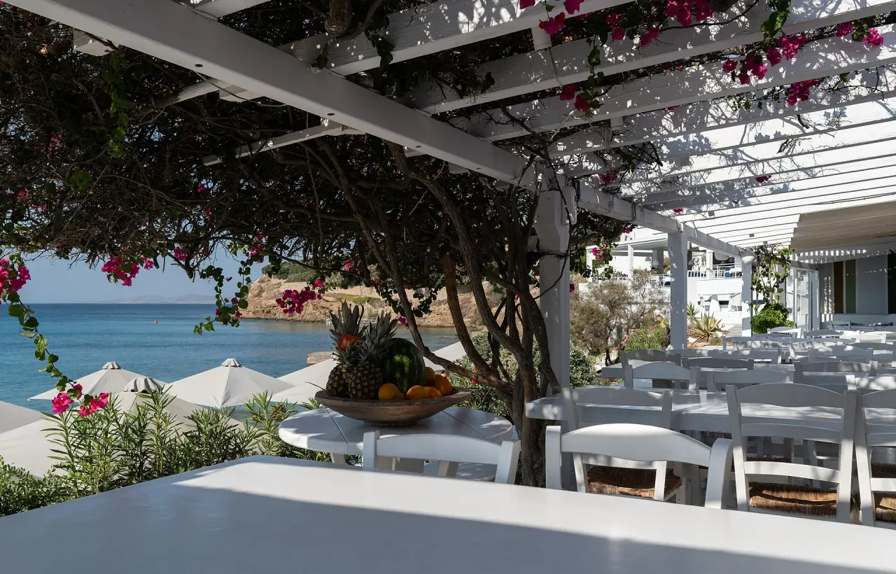 Una terraza de restaurante junto al mar blanco debajo de la buganvillea con flores en Mykonos