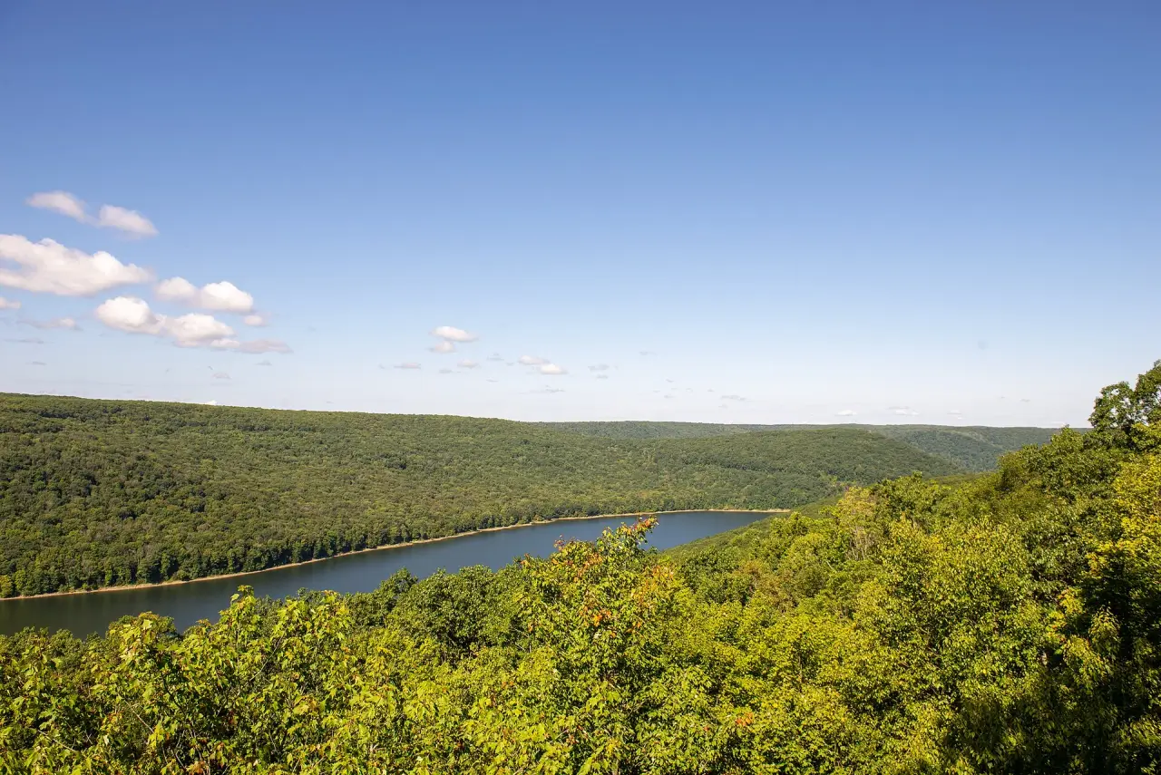 Vista del embalse de Allegheny y el bosque verde desde la vista de senderismo Rimrock