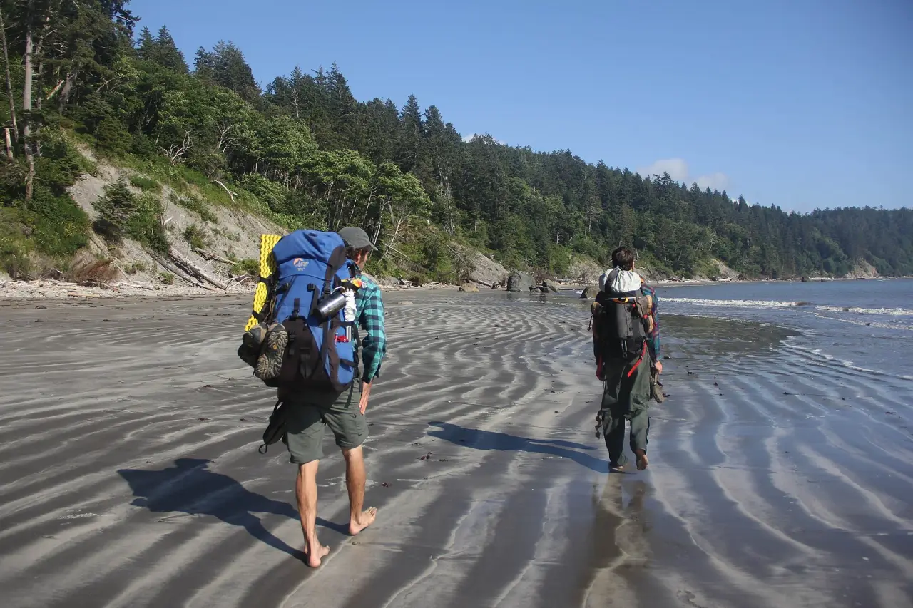 Backpacker tragen geladene Rucksäcke am Strand im Olympic National Park