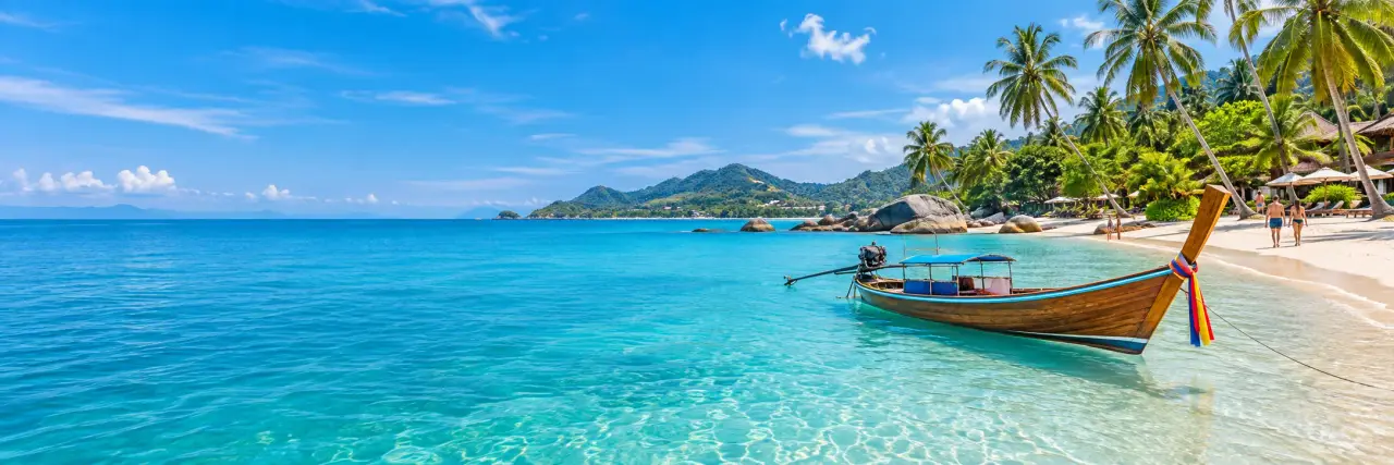 Tour boat beside a palm-lined tropical beach