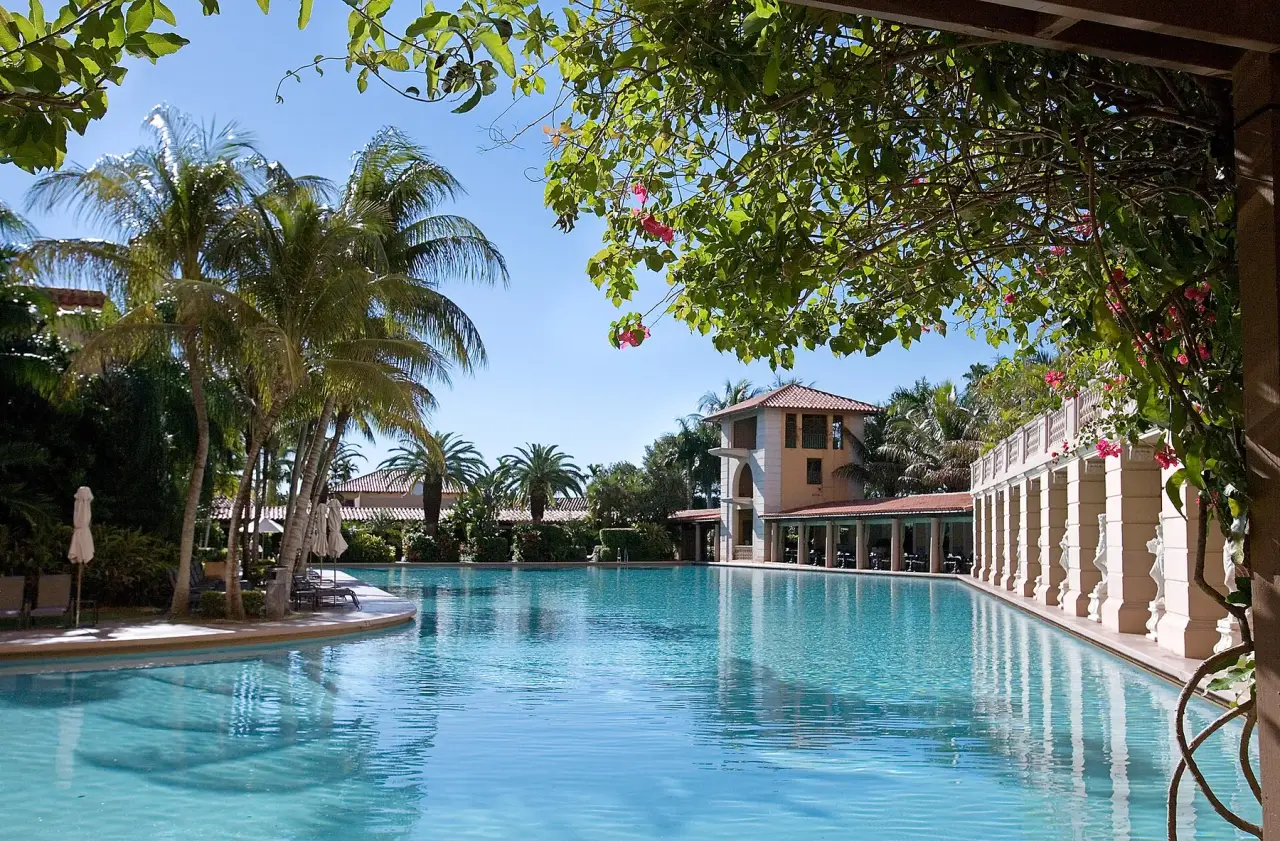 The swimming pool and palm-lined courtyard at the Biltmore Hotel in Miami