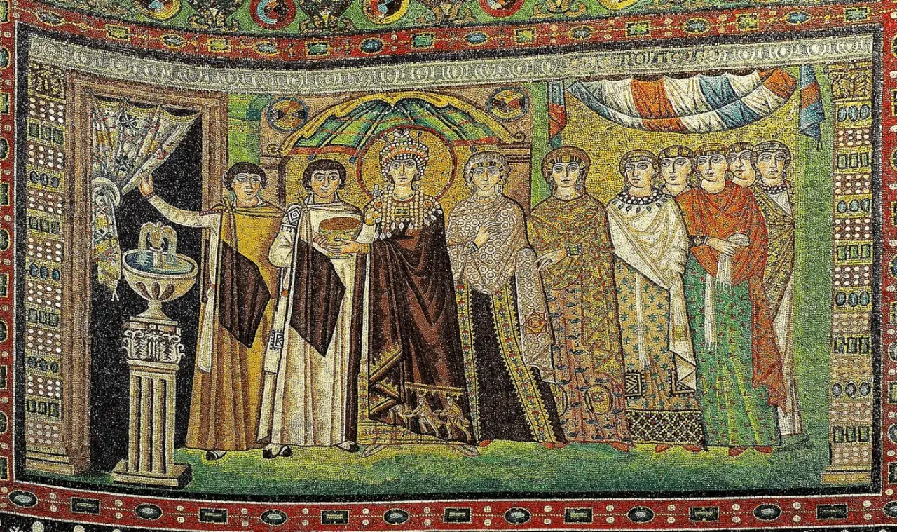 Gold mosaic of Empress Theodora and her court in San Vitale, Ravenna