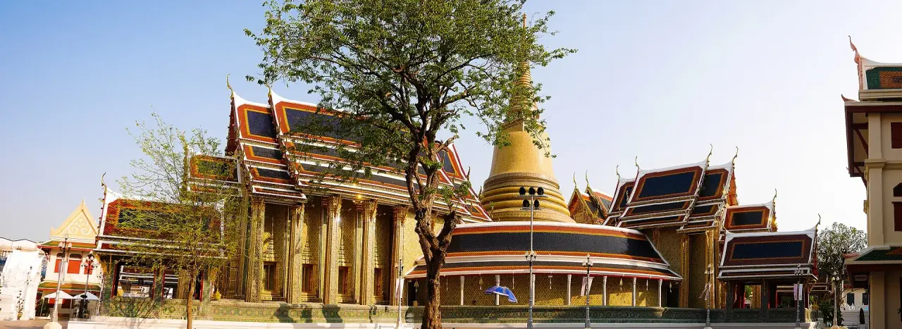 Sunlit tiled hall and golden chedi at Wat Ratchabophit, framed by a large courtyard tree