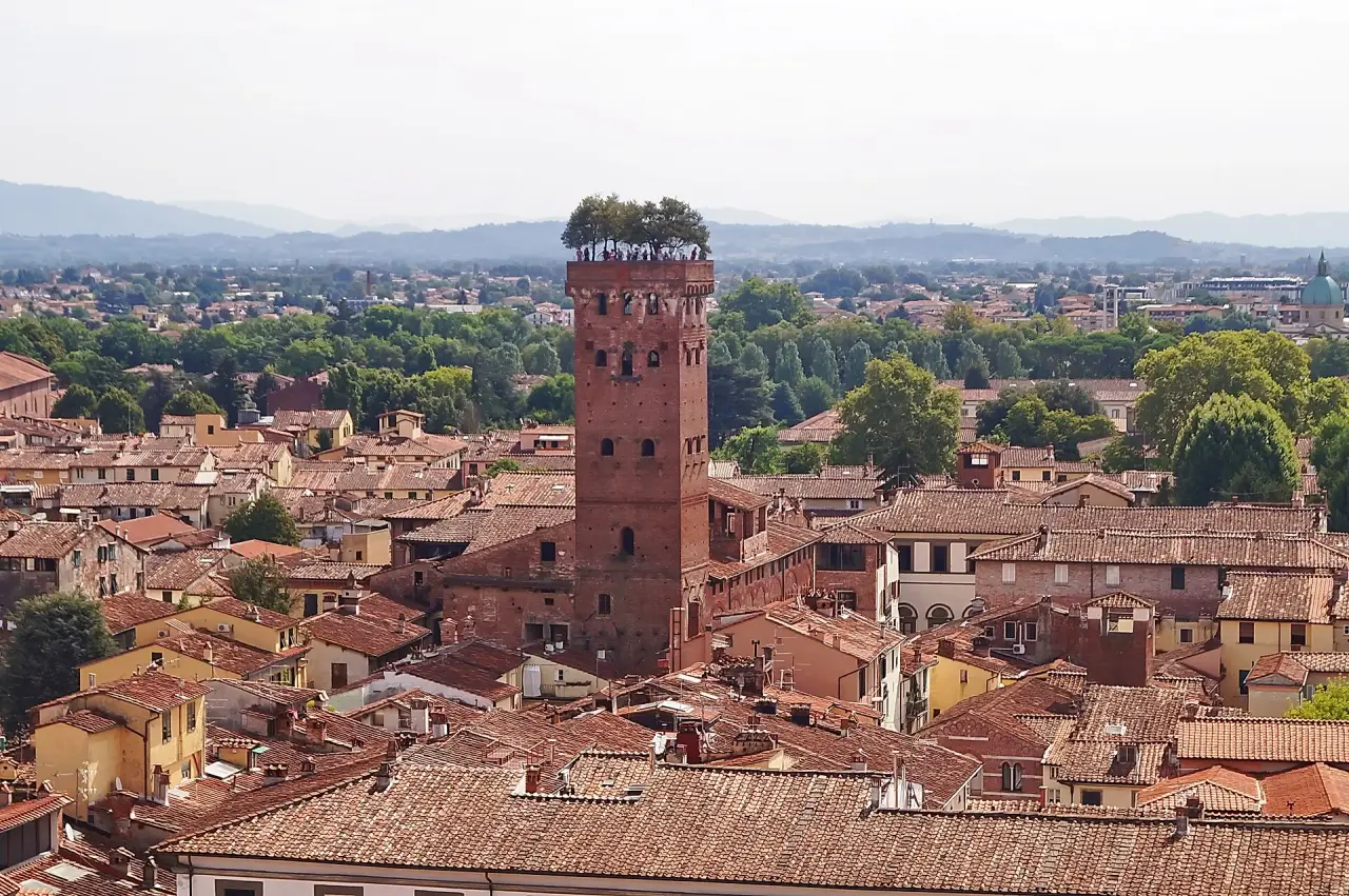 Der baumbestandene Guinigi-Turm über den Terrakottadächern und begrünten Stadtmauern von Lucca