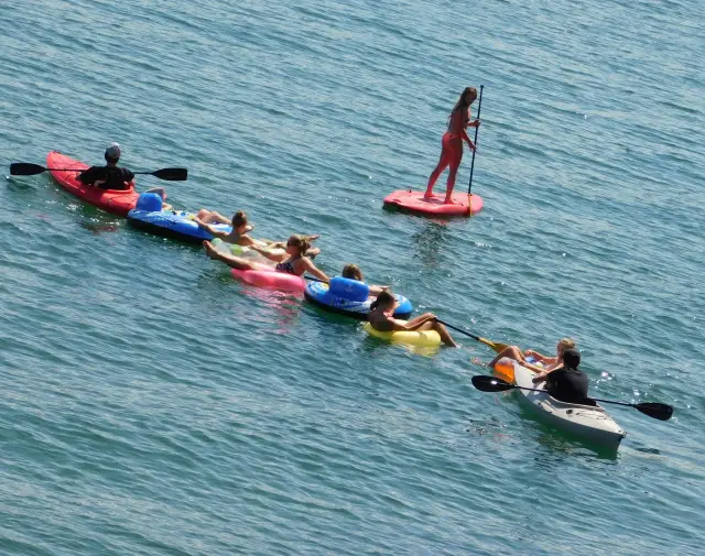 A group paddling kayaks and a paddleboard beside floating swimmers