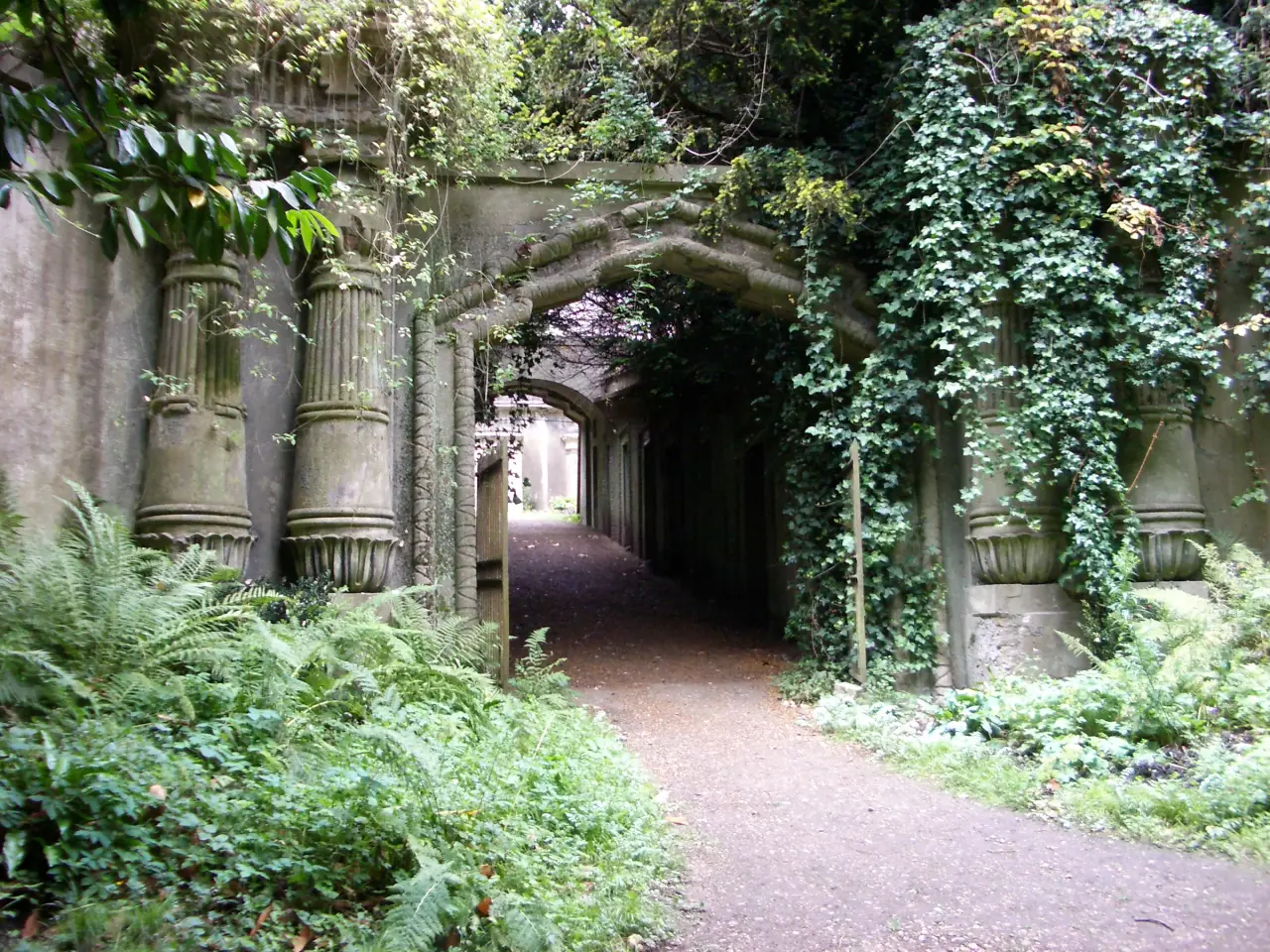 A fern-lined path leads through the ivy-covered Egyptian Avenue at Highgate Cemetery in London.