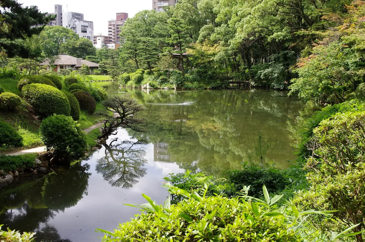 Shukkeien’s clipped green shrubs and trees surrounding Takueichi pond in bright daylight in Hiroshima