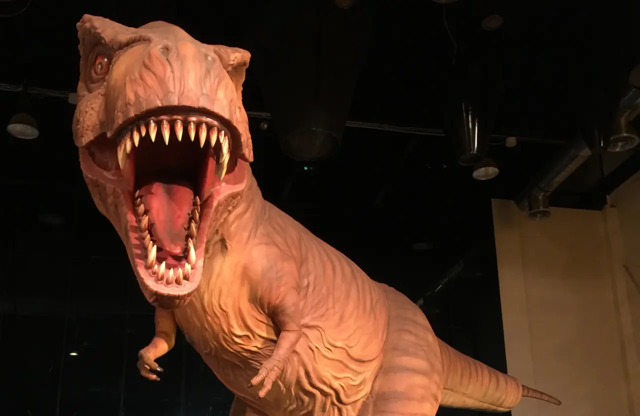 A brightly lit orange dinosaur display opens its jaws inside Sirindhorn Museum in Kalasin.