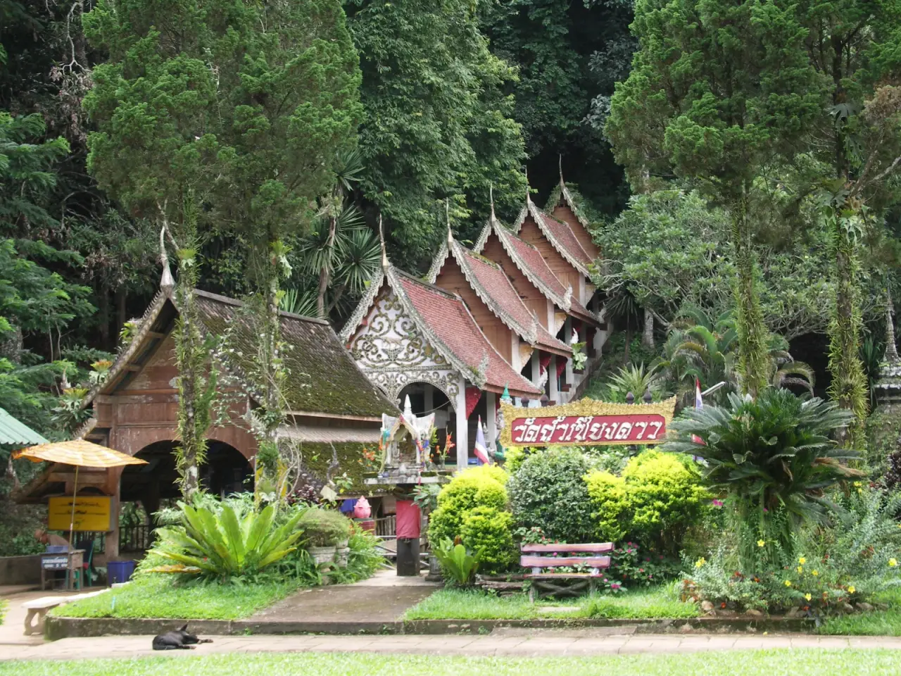 Decorated northern Thai temple roofs and green gardens at Wat Tham Chiang Dao
