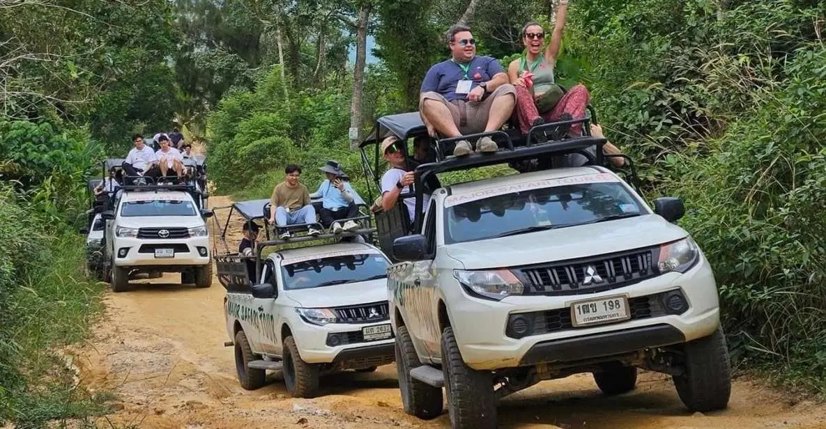 The Jungle Safari 4x4 fleet on a green island road