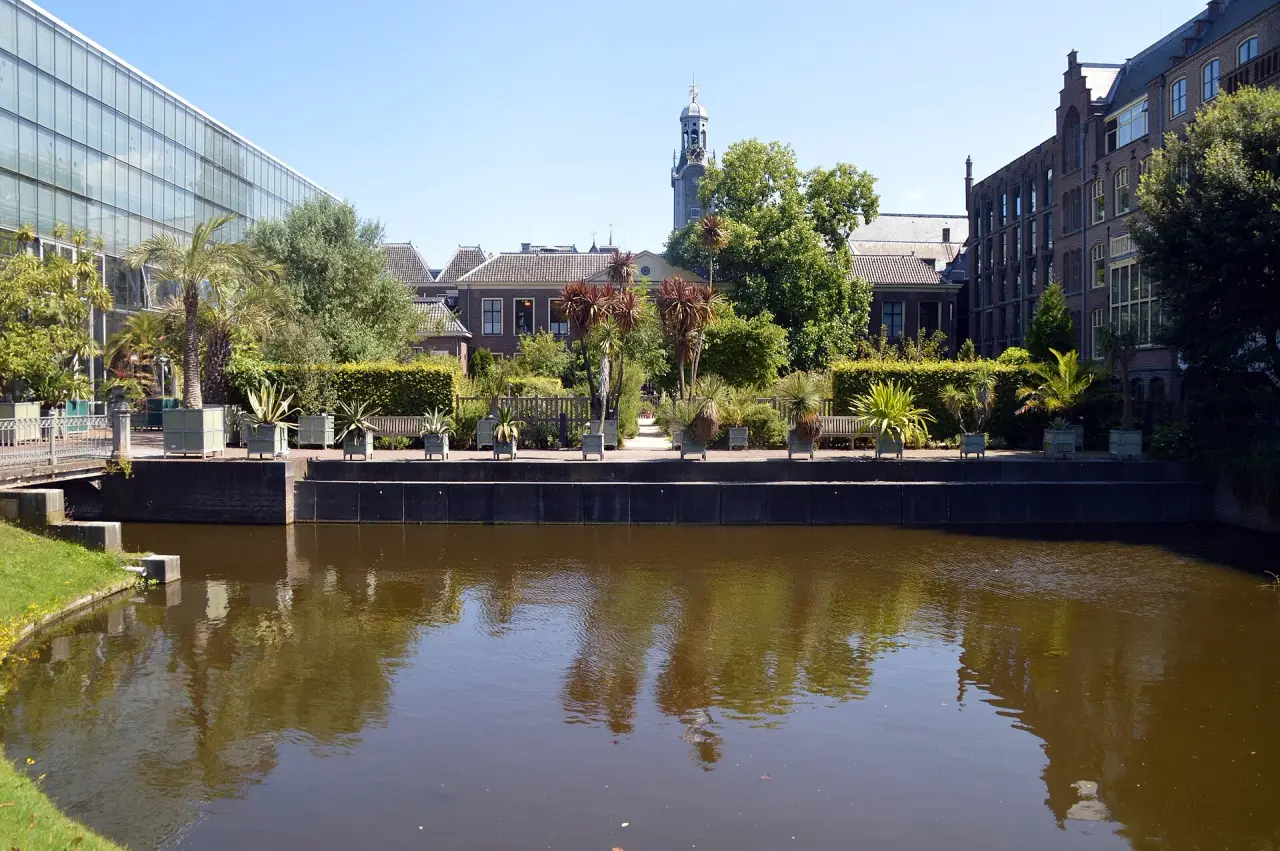 Leiden’s Hortus Botanicus garden and historic university buildings beside the water