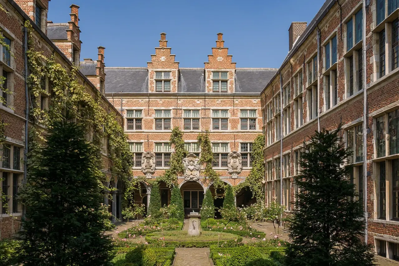 Brick stepped gables and a garden courtyard at Antwerp’s Plantin-Moretus Museum
