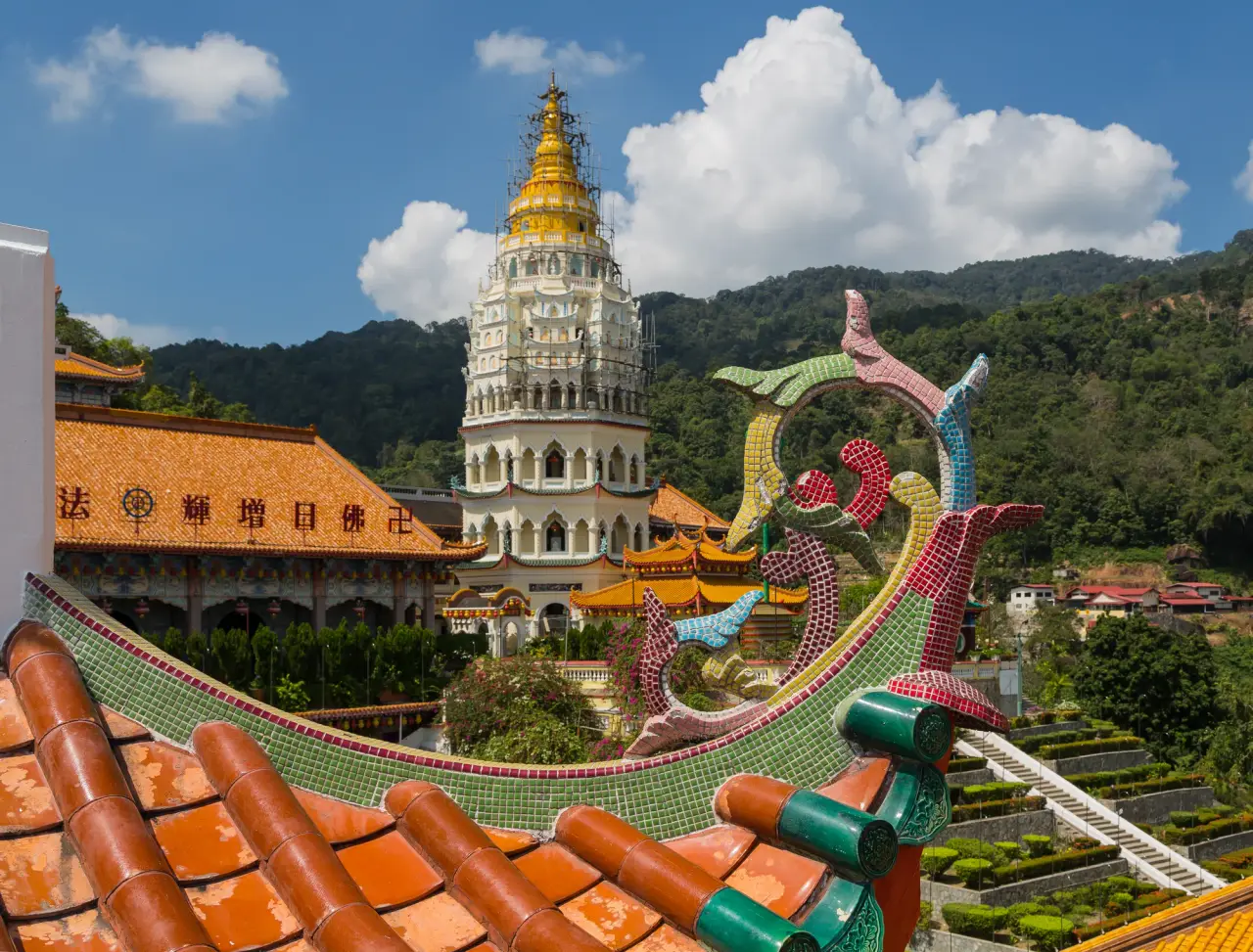 The pagoda and colourful tiled roofs of Kek Lok Si Temple in Air Itam, Penang