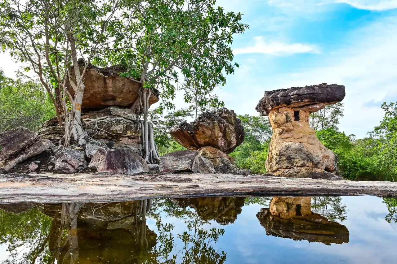 Hor Nang Usa rock shelter and its sandstone cap reflected in rainwater at Phu Phrabat, surrounded by green trees.