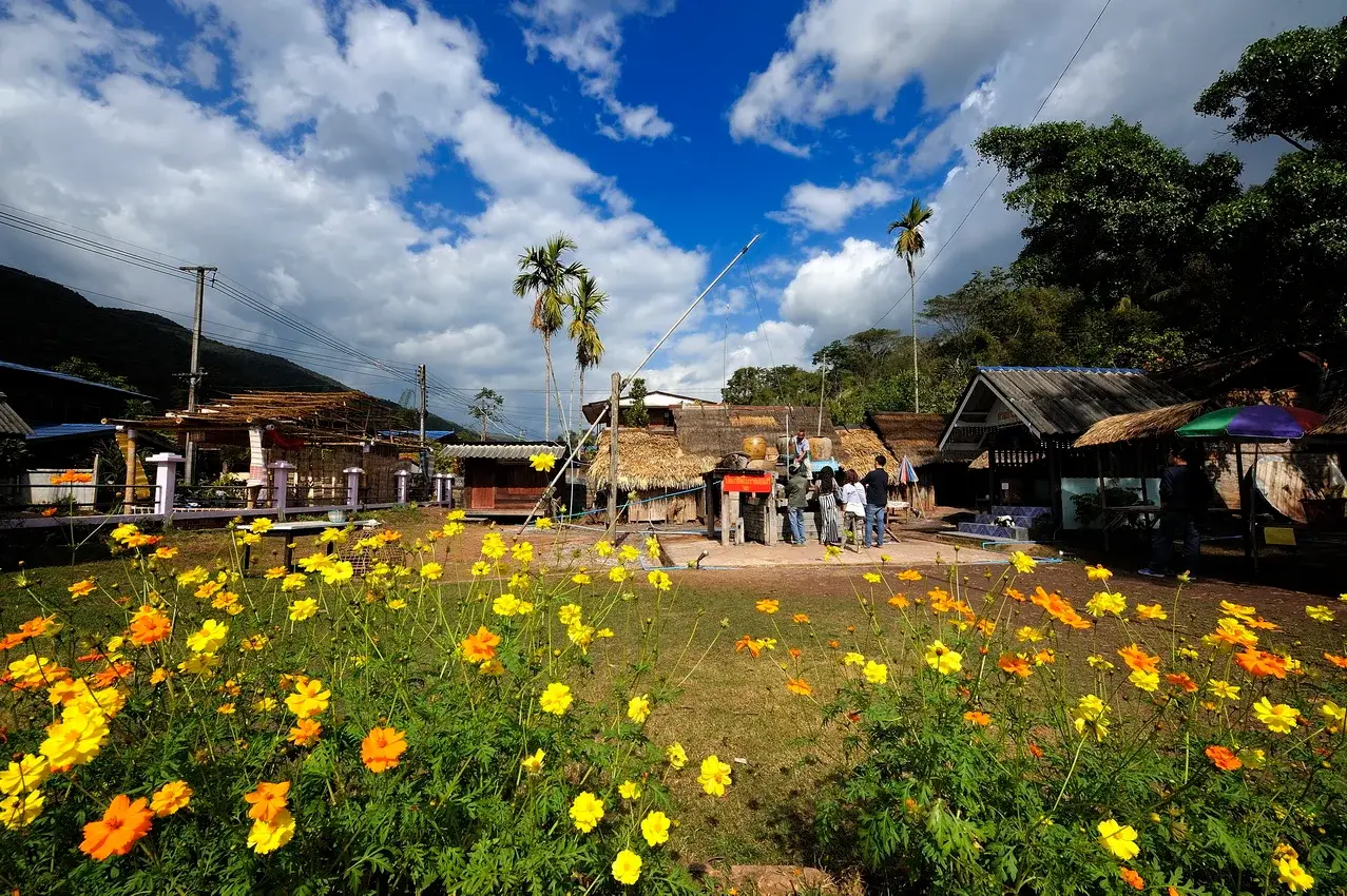 Flowers beside traditional mountain salt well buildings at Bo Kluea in Nan