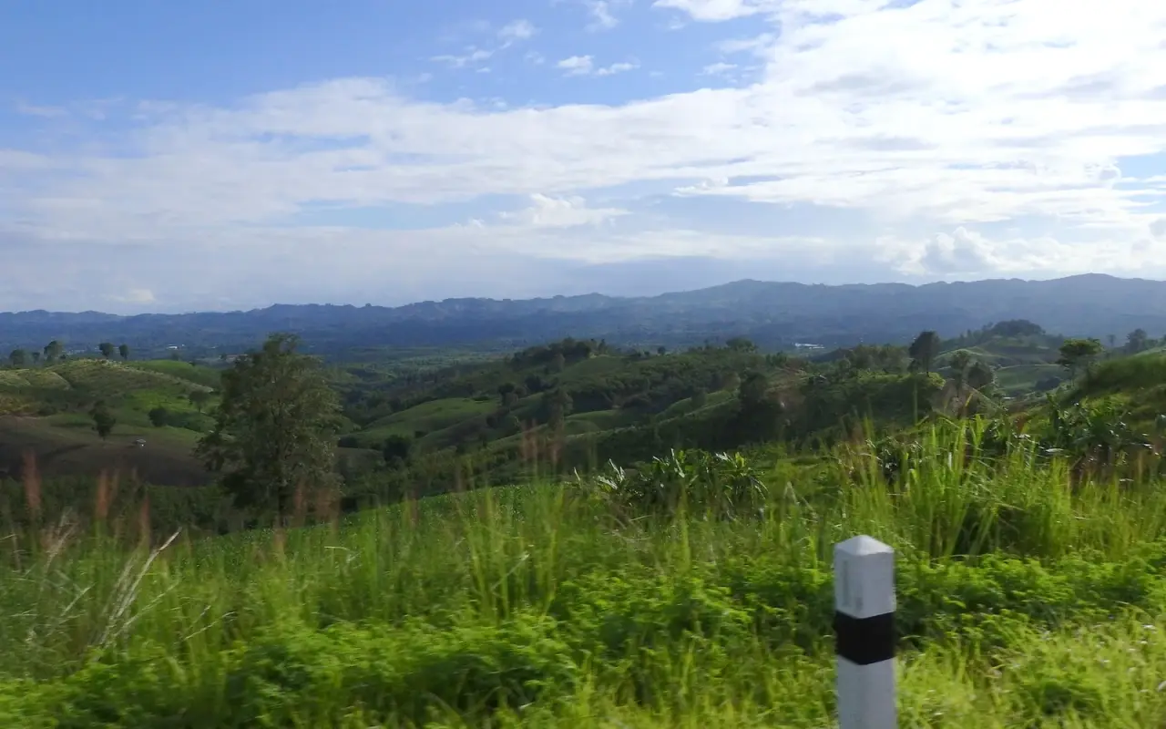 Green countryside and mountain views beside a road in Pua, Nan