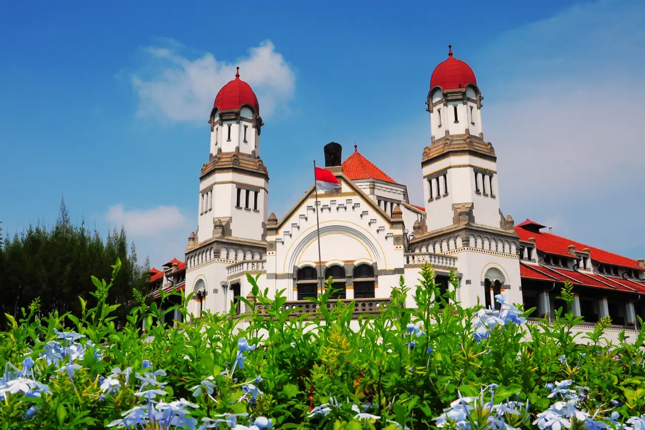 The courtyard and historic buildings of Lawang Sewu in Semarang, Indonesia.